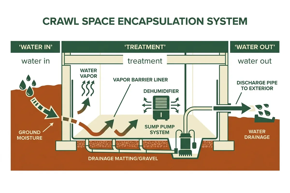Diagram of sealed crawl space layers over mountain-valley drainage